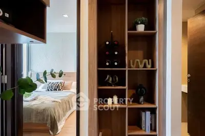 Stylish bedroom with modern decor and wooden shelving unit