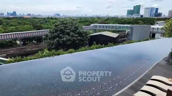 Luxurious rooftop infinity pool with stunning city skyline view and lush greenery.