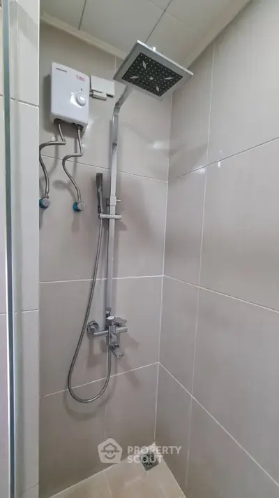 Modern bathroom shower with sleek design and water heater
