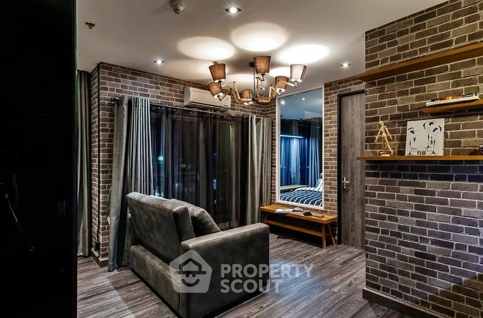 Stylish modern living room with brick walls and elegant lighting