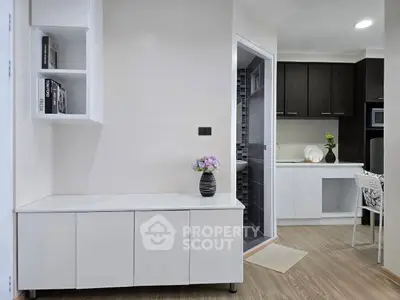 Modern apartment interior with sleek kitchen and stylish decor