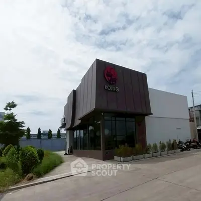 Modern commercial building with sleek design and ample parking space