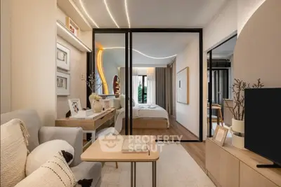 Modern living room with stylish decor and view into cozy bedroom, featuring elegant lighting and contemporary furniture.