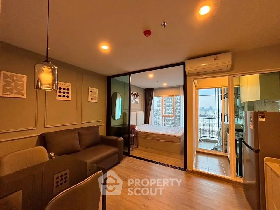 Modern apartment interior with cozy living room, stylish kitchen, and bedroom with city view.