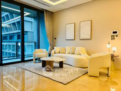 Luxurious modern living room with elegant furniture and large windows offering stunning city views.