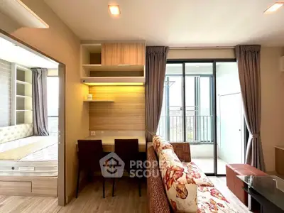 Modern apartment interior with cozy living room and balcony view