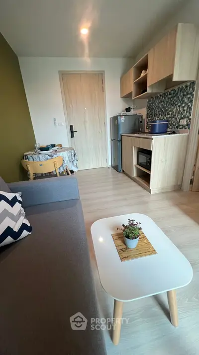 Cozy modern living room with compact kitchen and stylish decor