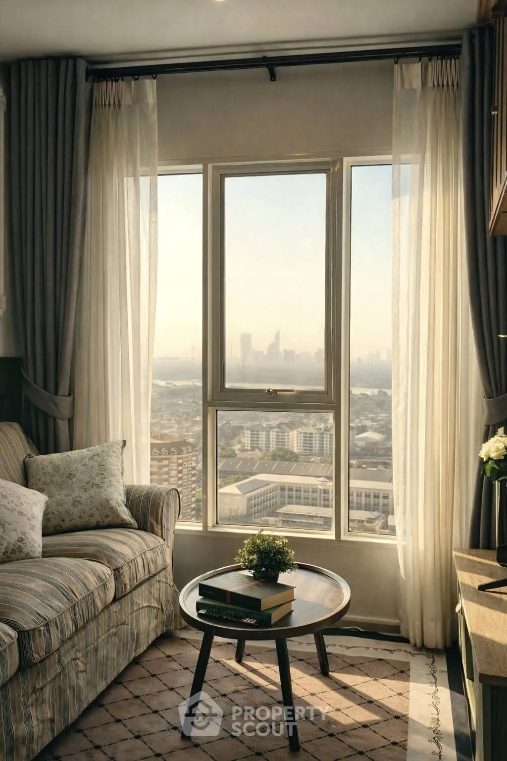 Cozy living room with stunning city view through large windows, elegant decor and natural light.