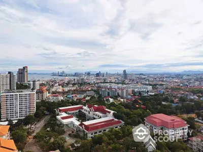 Stunning cityscape view from high-rise building showcasing urban skyline and distant ocean horizon.