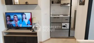 Modern apartment interior with open kitchen and living room featuring TV and stylish decor.