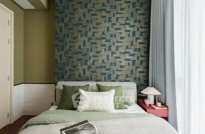 Stylish bedroom with modern decor and textured accent wall