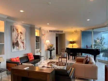 Luxurious living room with grand piano and modern art in upscale apartment