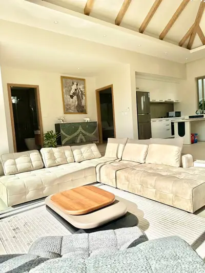 Luxurious living room with modern furniture and open kitchen layout