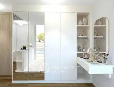Modern bedroom with sleek white wardrobe and stylish vanity area, perfect for contemporary living.