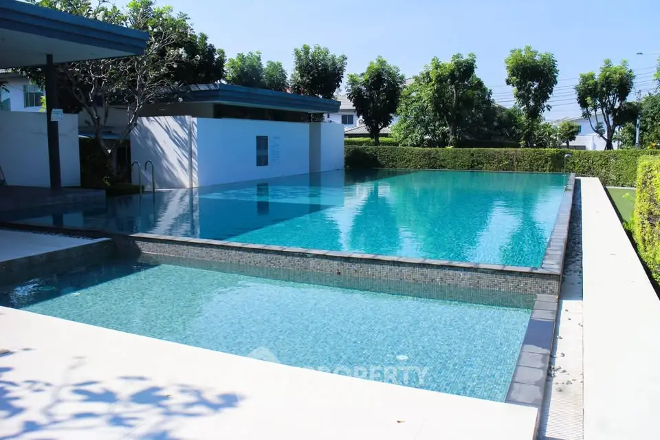 Luxurious outdoor swimming pool with lush greenery and modern design, perfect for relaxation and leisure.