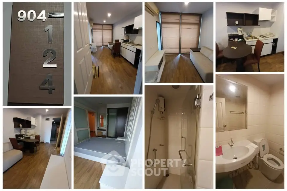 Modern apartment interior with cozy living room, stylish kitchen, and elegant bathroom in a high-rise building.