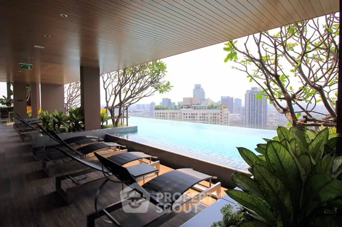 Luxurious rooftop pool with stunning city view and modern lounge chairs