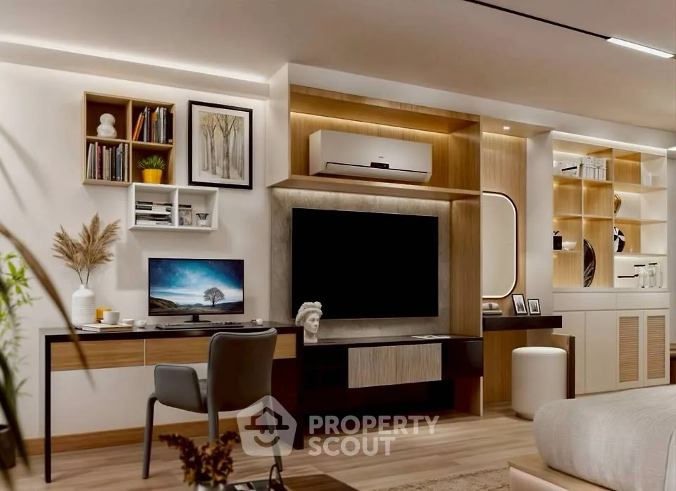 Modern living room with stylish decor and built-in shelving