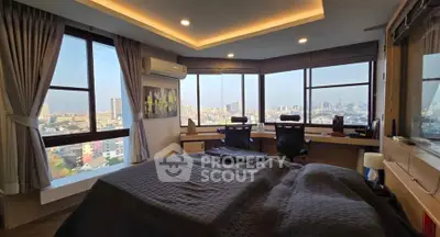 Luxurious bedroom with panoramic city view and modern furnishings