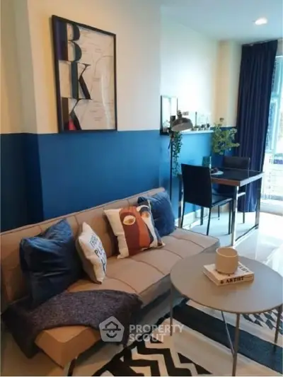 Modern living room with stylish decor and cozy seating area