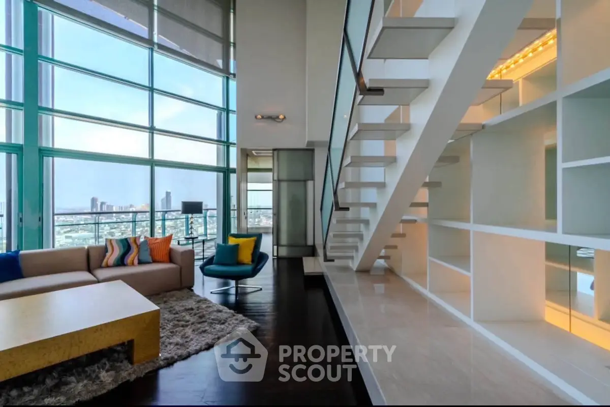 Luxurious modern living room with floor-to-ceiling windows and city view