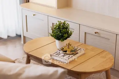 Stylish living room with wooden coffee table and modern decor