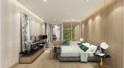 Luxurious modern bedroom with elegant decor and natural light, featuring a stylish TV unit and cozy seating area.