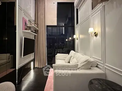 Luxurious high-ceiling living room with elegant decor and city view