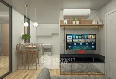 Modern open-plan living room with stylish kitchen and wall-mounted TV, featuring sleek design and cozy ambiance.