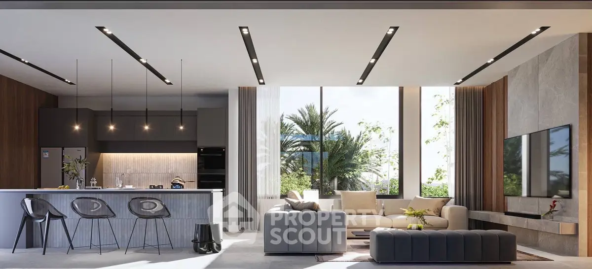 Luxurious modern living room with open kitchen and stylish decor