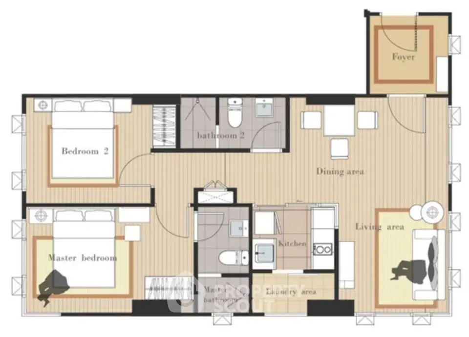 Modern apartment floor plan with two bedrooms, kitchen, dining, and living areas, plus laundry and bathrooms.
