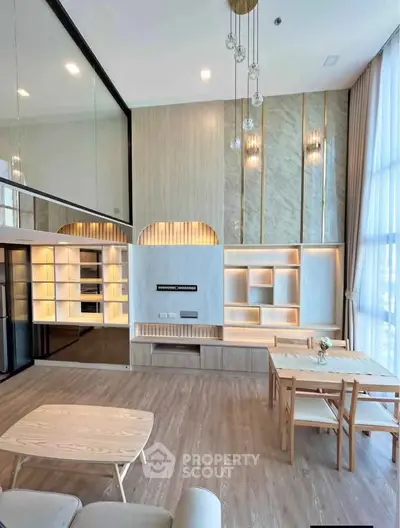 Luxurious modern living room with high ceilings and elegant wooden furniture