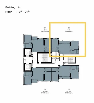 Floor plan of Building H, units 3rd to 21st floor, highlighting unit 02.