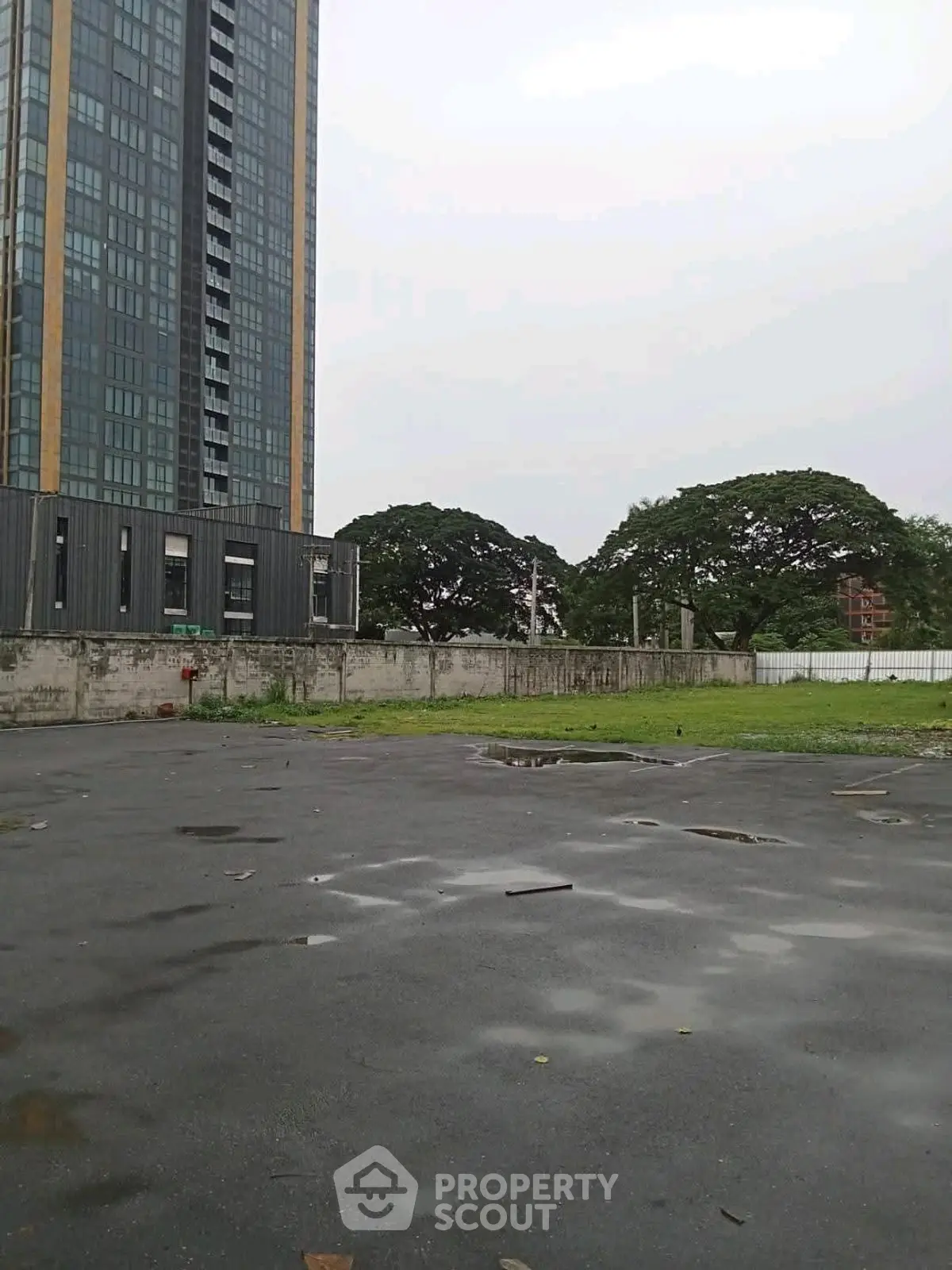 Spacious urban lot with potential for development near high-rise building.