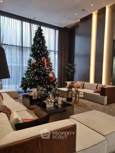 Luxurious living room with elegant Christmas decor and modern furnishings