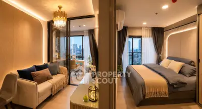 Luxurious modern apartment with elegant living room and cozy bedroom, featuring city views and stylish decor.