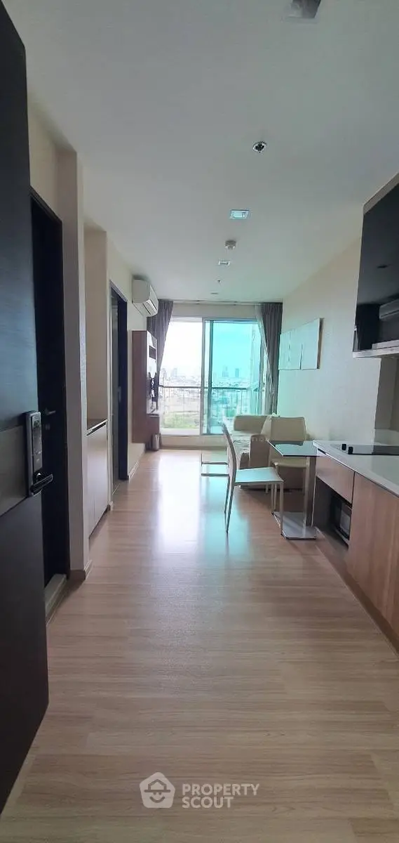 Modern apartment interior with open layout and city view