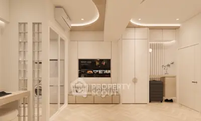 Modern living room with sleek design, featuring built-in storage and ambient lighting.