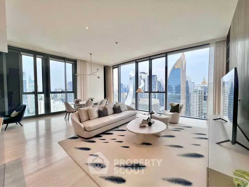 Luxurious living room with panoramic city views and modern decor