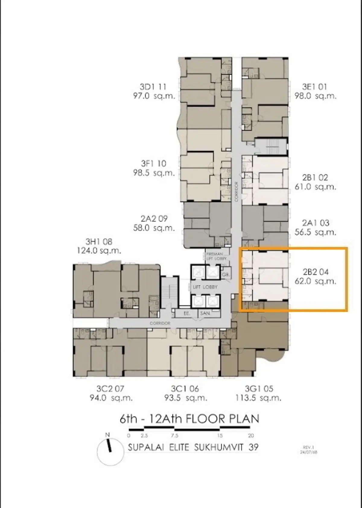 Floor plan of Supalai Elite Sukhumvit 39, showcasing unit layouts and sizes.