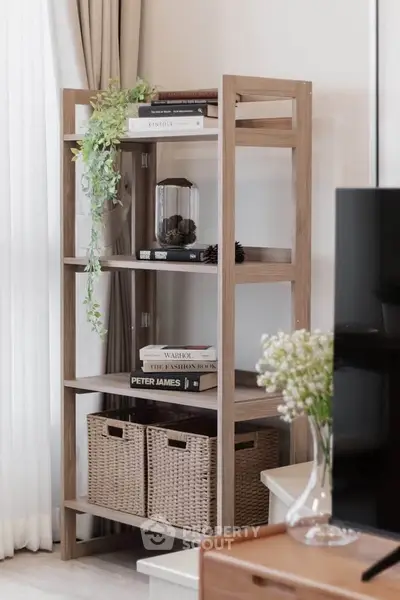 Stylish living room with modern wooden shelf and decorative accents