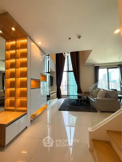 Luxurious modern living room with stunning city view and elegant decor