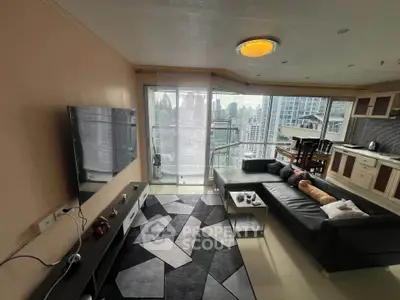 Modern living room with city view, stylish furniture, and open kitchen layout in high-rise apartment.