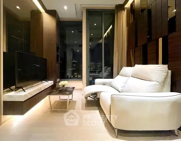 Luxurious modern living room with sleek design and ambient lighting