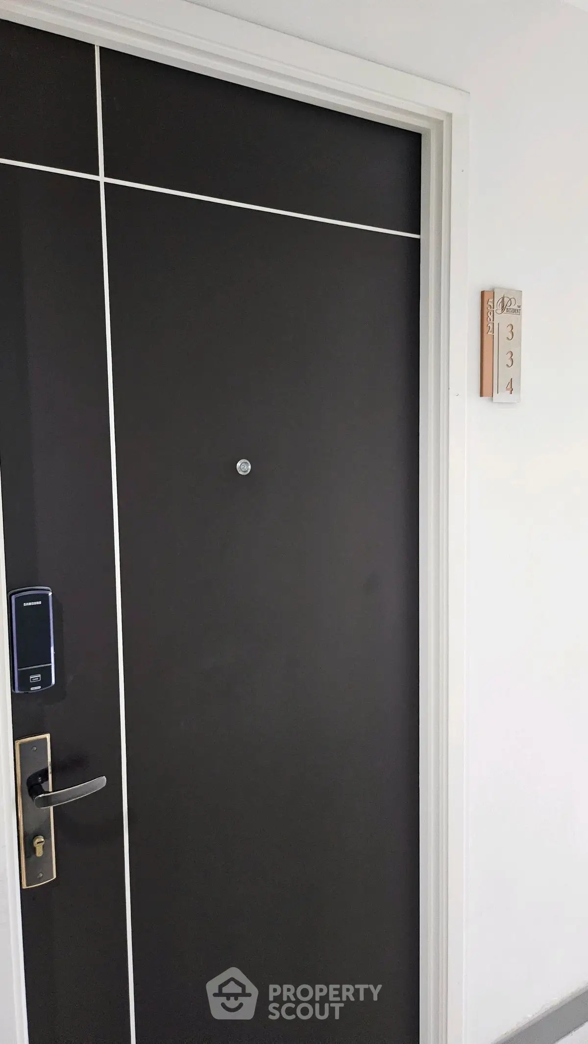 Modern apartment entrance with sleek black door and digital lock