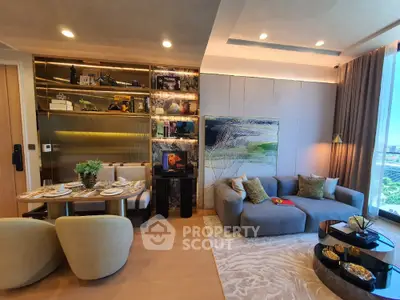 Luxurious modern living room with elegant decor and city view
