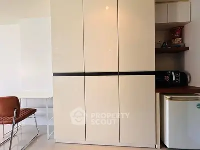 Modern kitchen with sleek cabinets and compact fridge