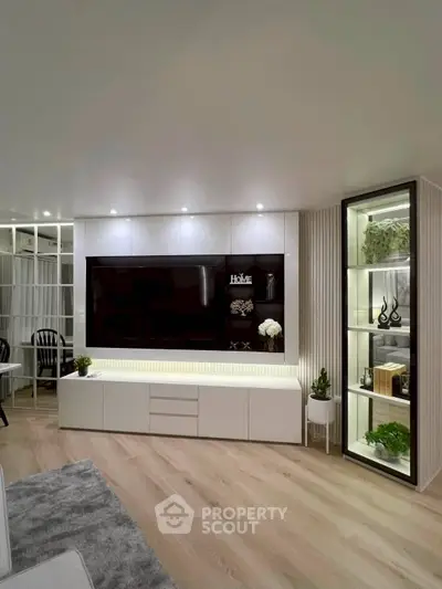 Modern living room with sleek entertainment center and stylish decor