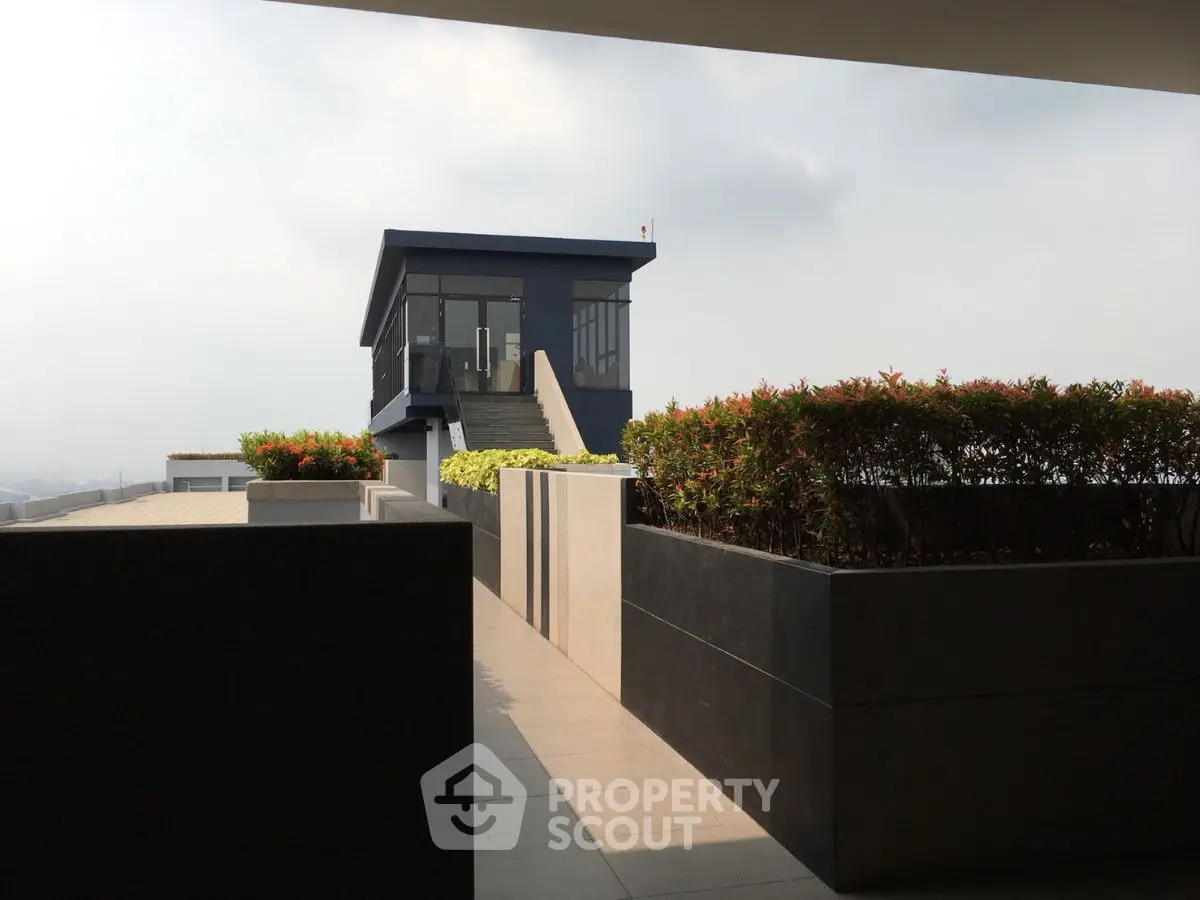 Modern rooftop terrace with sleek design and lush greenery