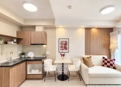 Modern open-layout living room with stylish kitchen and cozy seating area.
